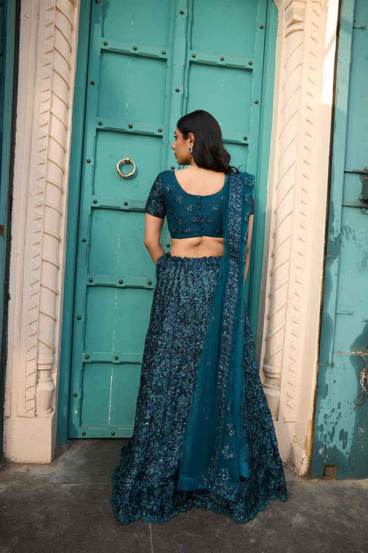 Saira Sequined Symphony Ghaghra And Chunni - Teal