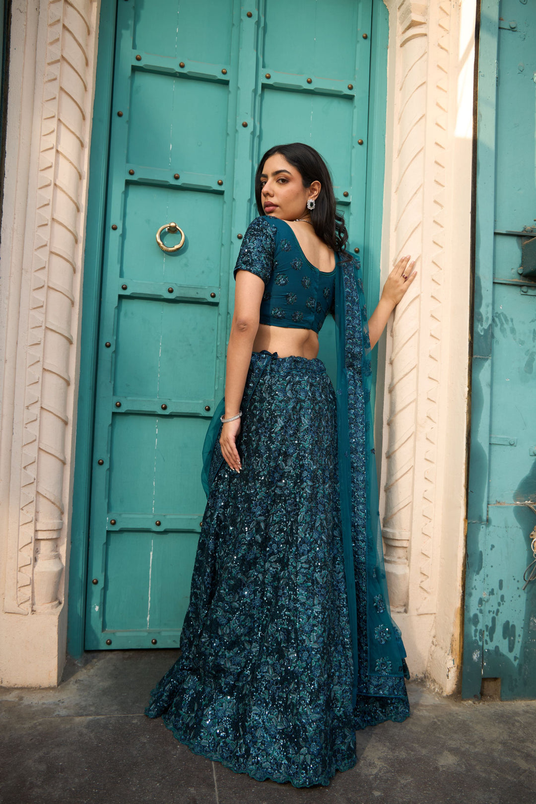 Saira Sequined Symphony Ghaghra And Chunni - Teal