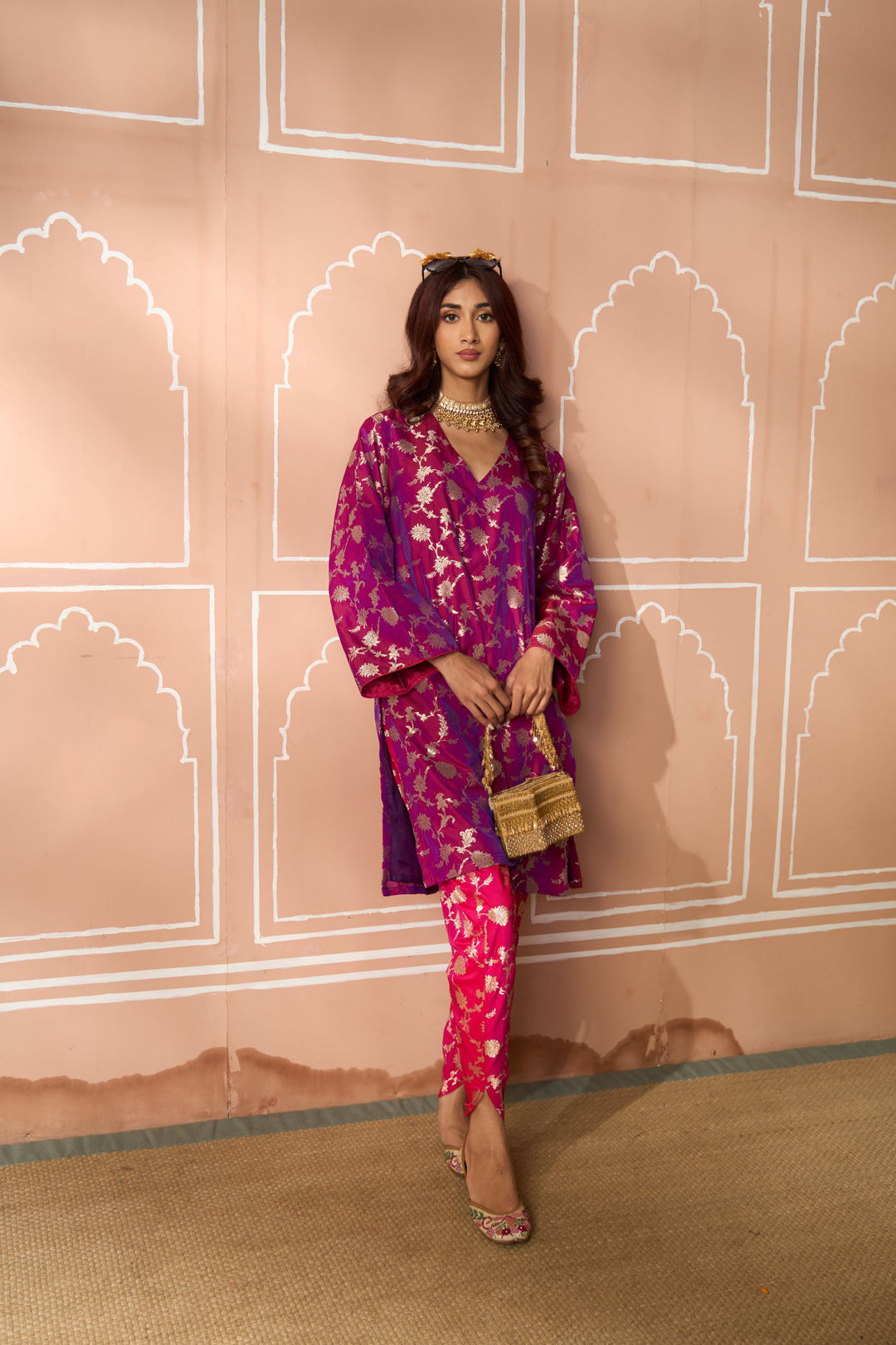 Banarasi Begum Tunic Set - Purple and Pink