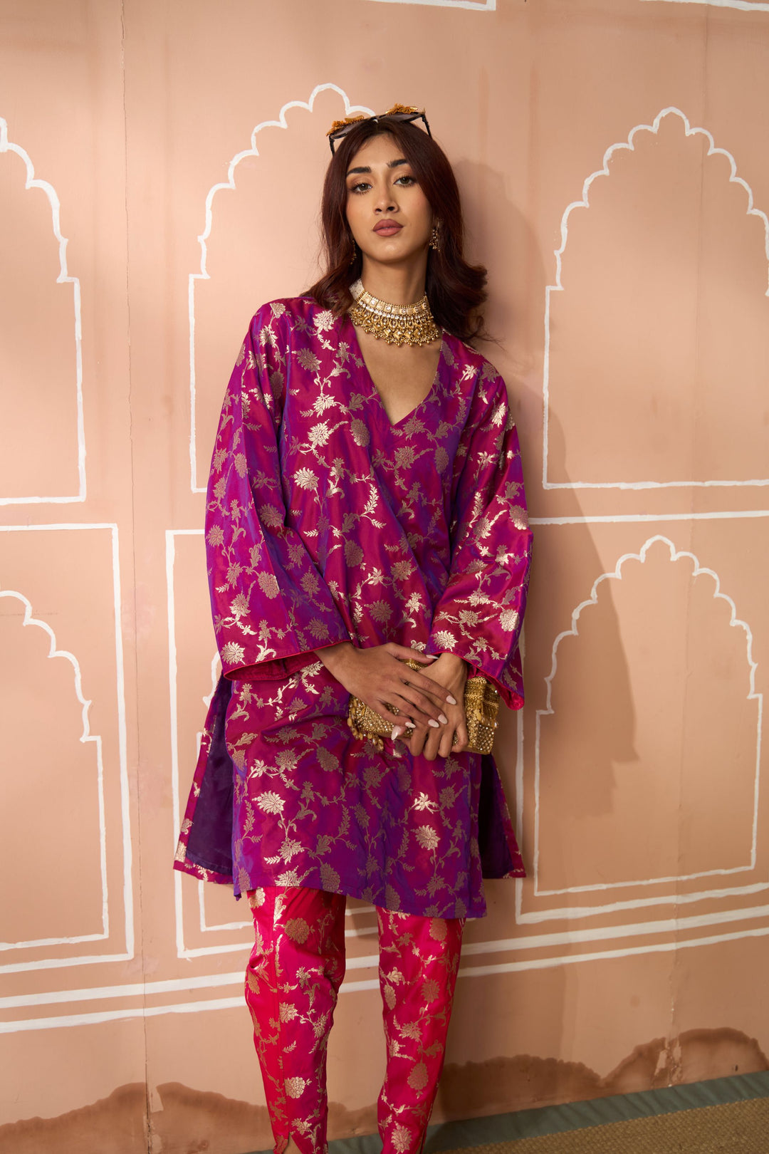 Banarasi Begum Tunic Set - Purple and Pink