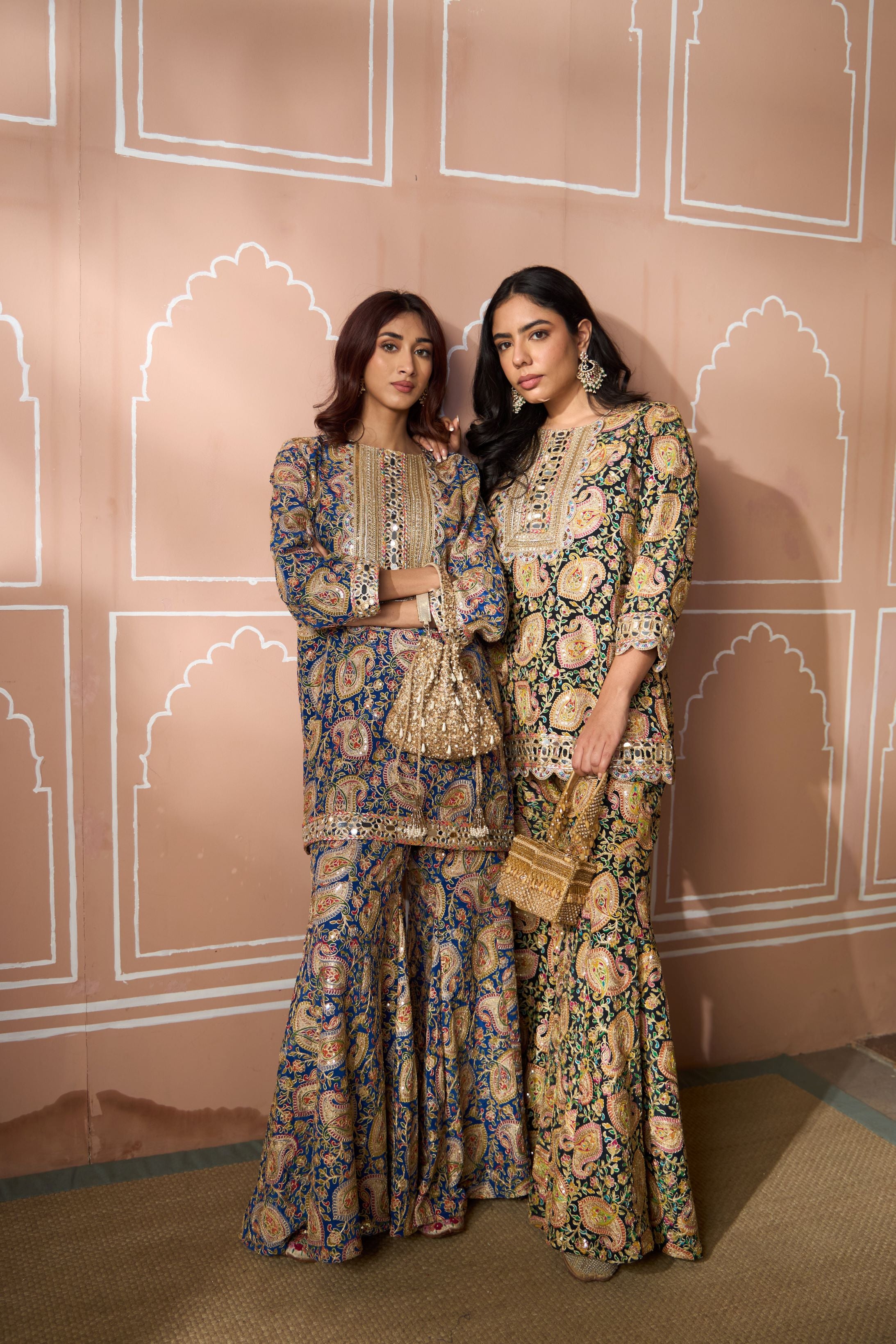 Elizey Paisley Embroidered Sharara Set - Blue