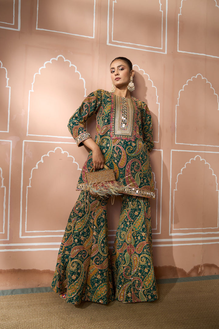 Elizey Paisley Embroidered Sharara Set - Emerald Green