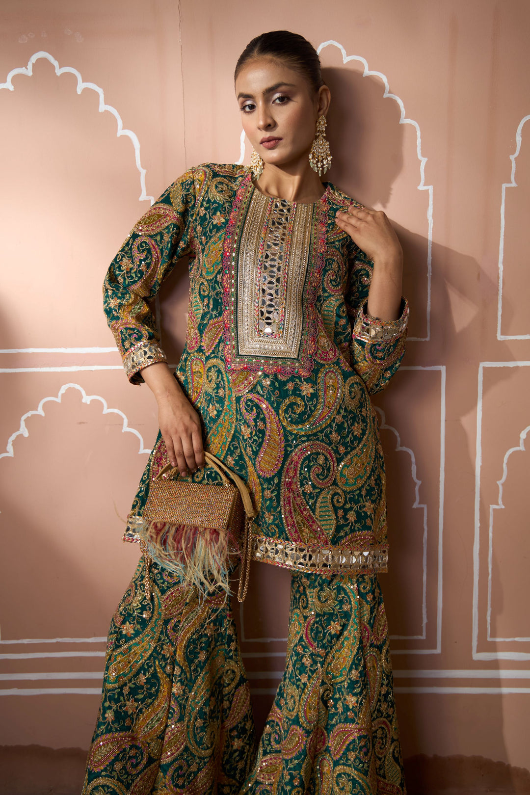 Elizey Paisley Embroidered Sharara Set - Emerald Green