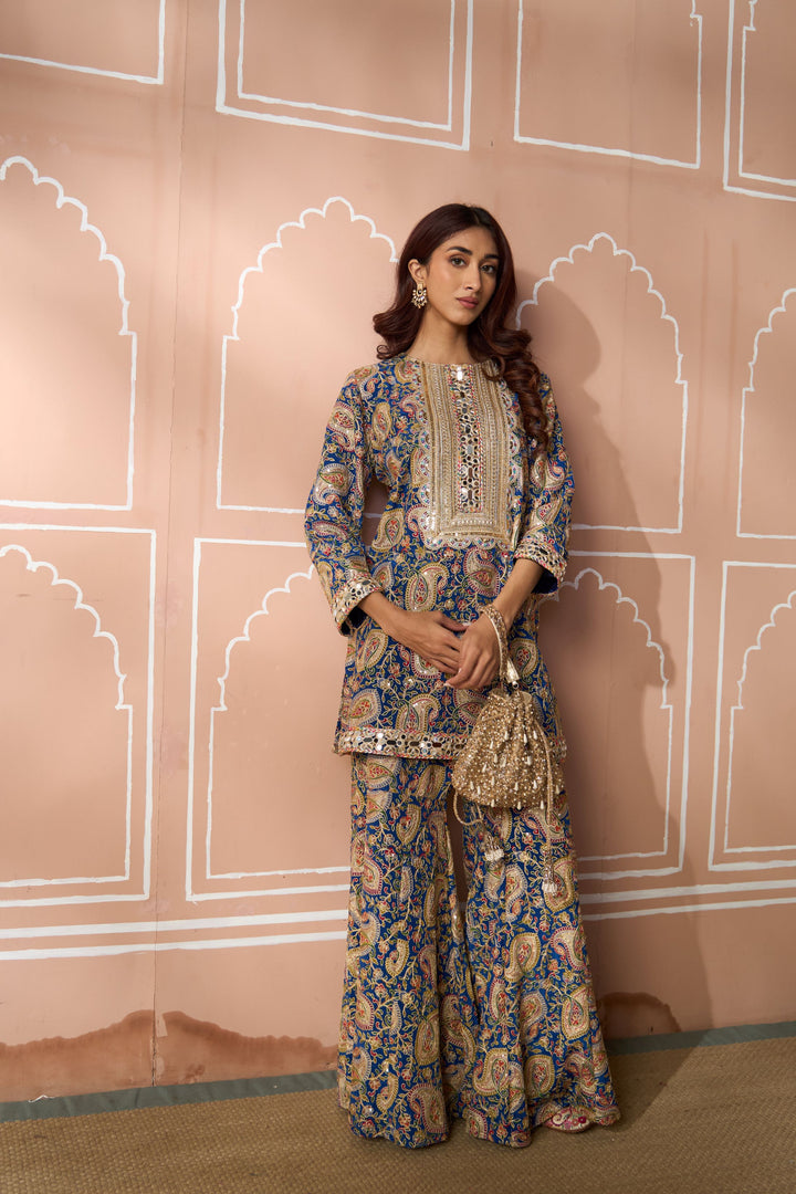 Elizey Paisley Embroidered Sharara Set - Blue