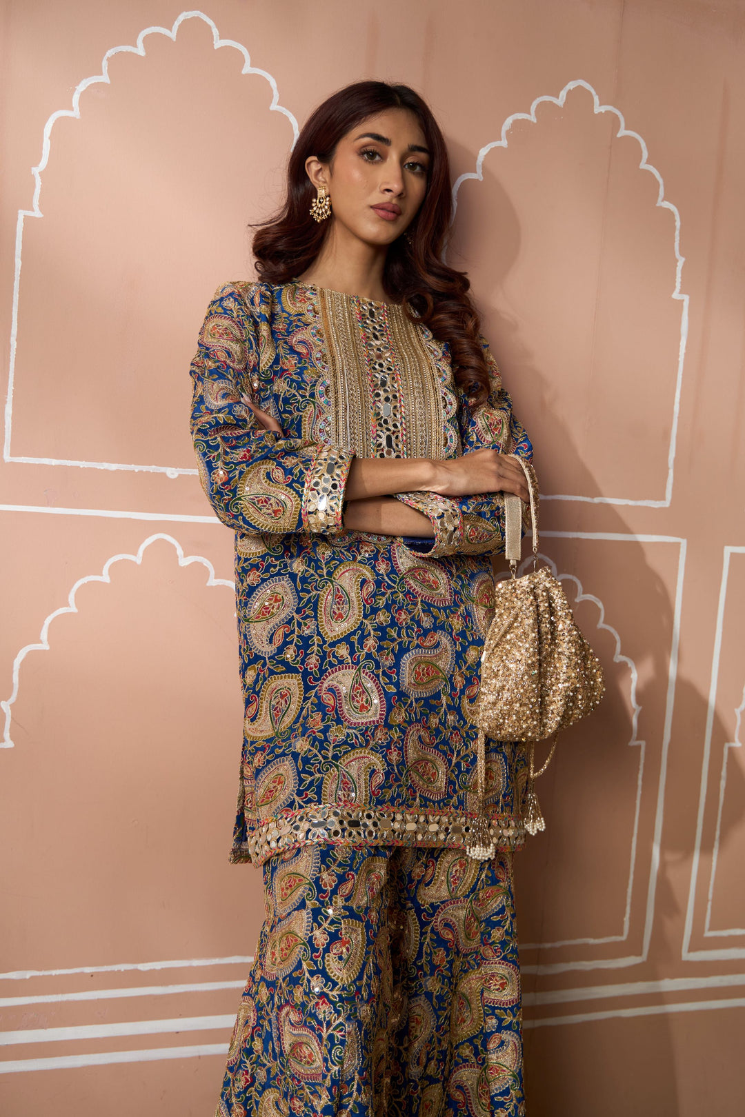 Elizey Paisley Embroidered Sharara Set - Blue