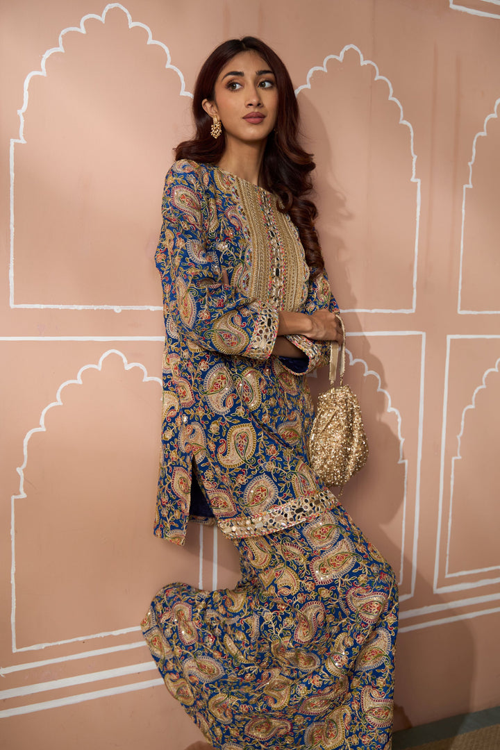 Elizey Paisley Embroidered Sharara Set - Blue