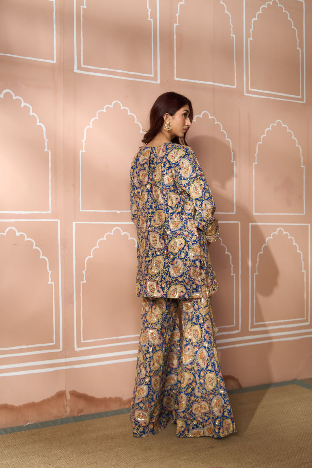 Elizey Paisley Embroidered Sharara Set - Blue