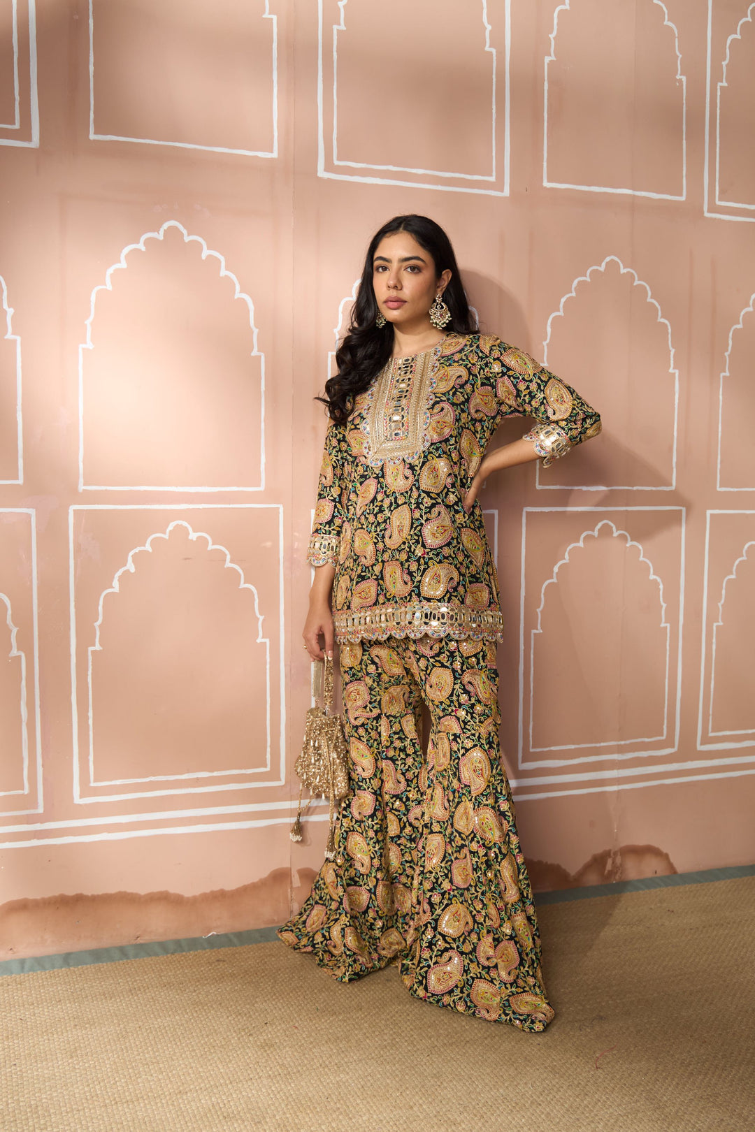 Elizey Paisley Embroidered Sharara Set - Black