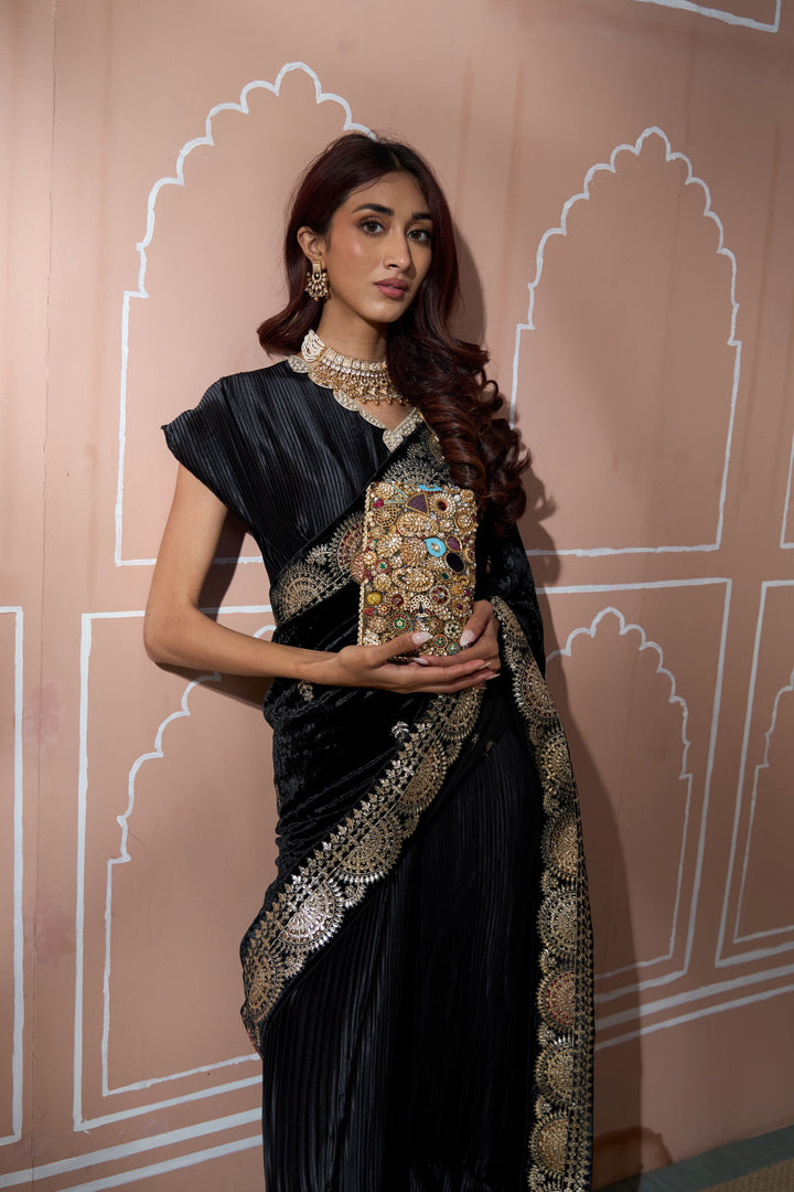 Classy Pleated Saree with Velvet Palla - Black