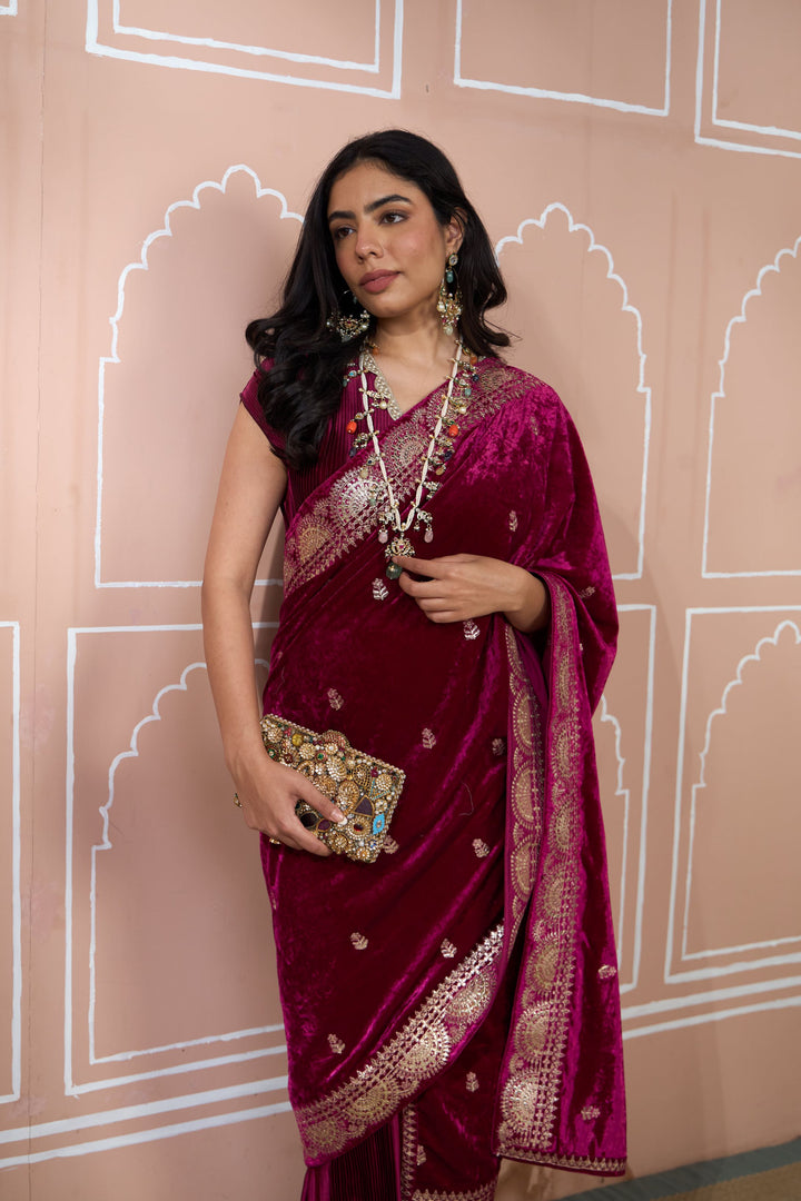 Classy Pleated Saree with Velvet Palla - Maroon