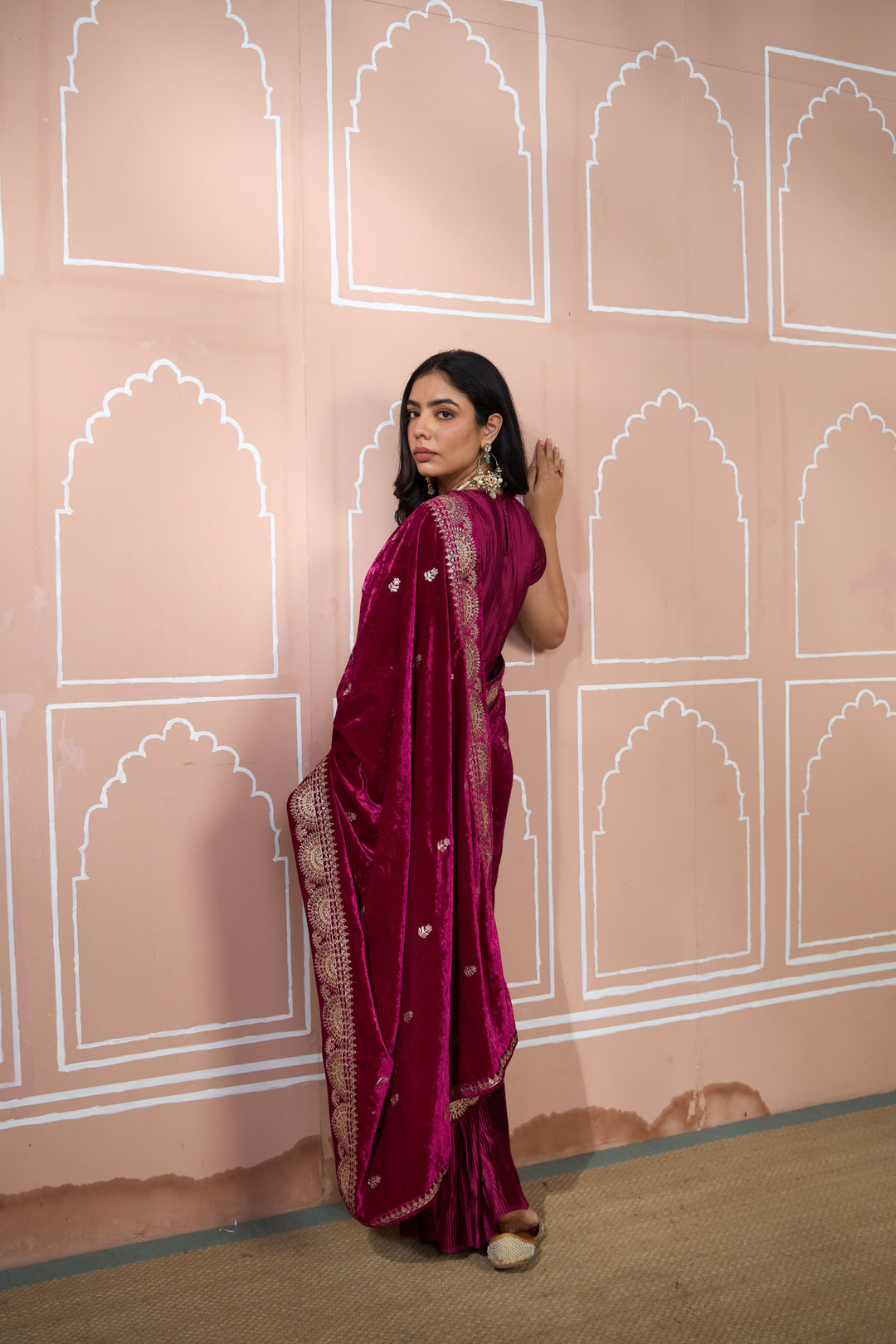 Classy Pleated Saree with Velvet Palla - Maroon