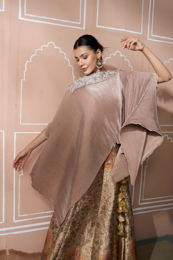 Banarasi Begum Ghaghra with Divine Cape - Ivory & Rose