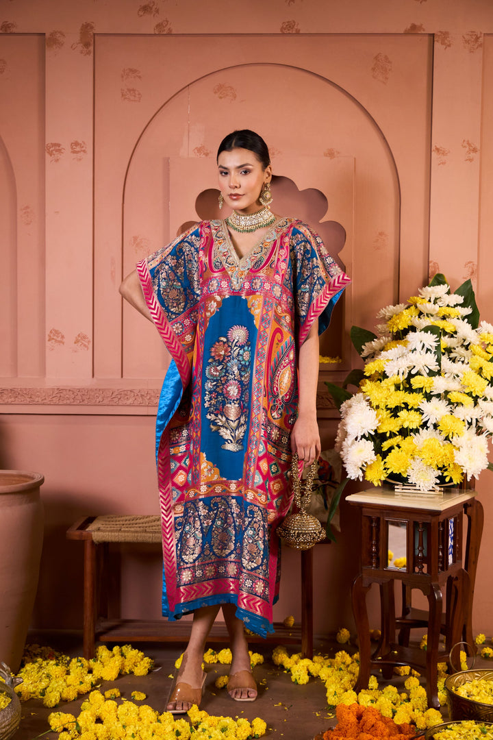 Banarasi Begum Embroidered Kaftan with Pant - Blue