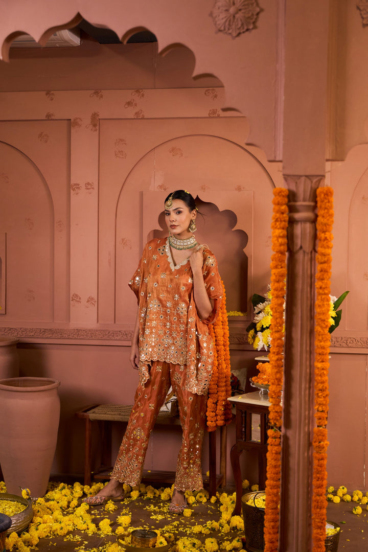 Aaina Adaa Mirror Work Kaftan Set - Orange