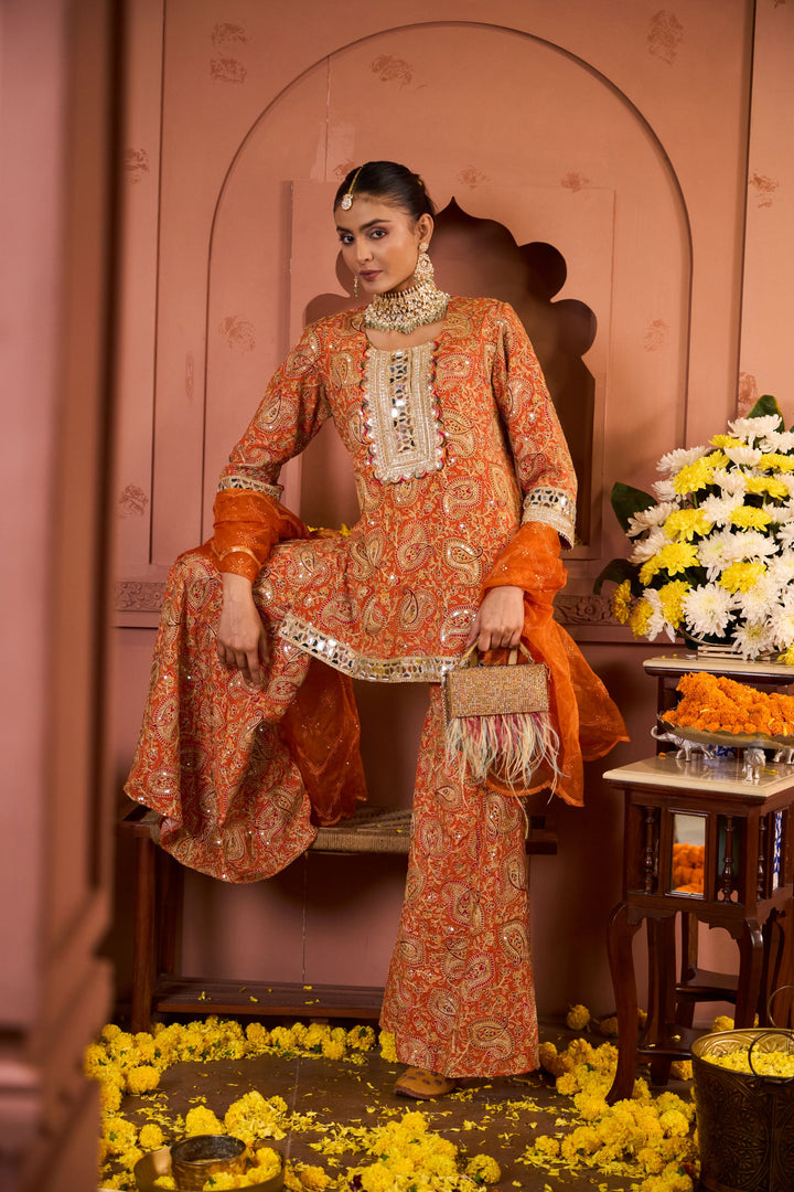 Elizey Paisley Embroidered Sharara Set - Orange