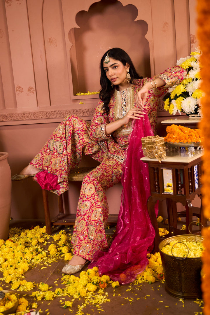 Elizey Paisley Embroidered Sharara Set - Fuschia