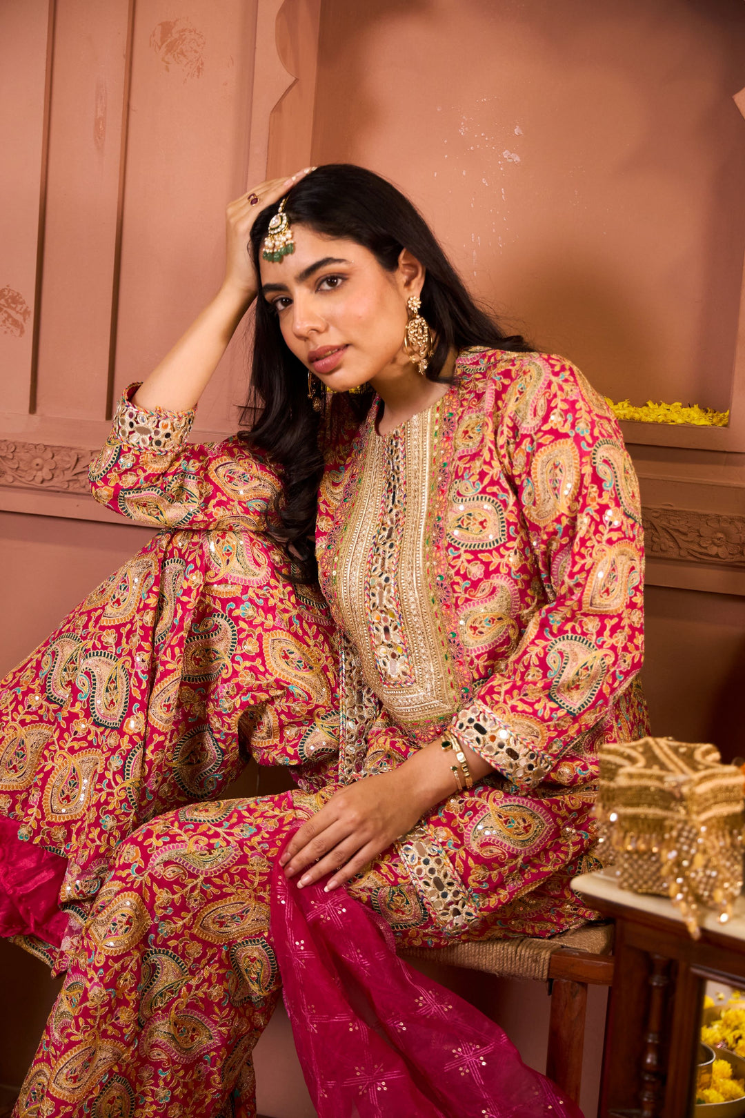 Elizey Paisley Embroidered Sharara Set - Fuschia