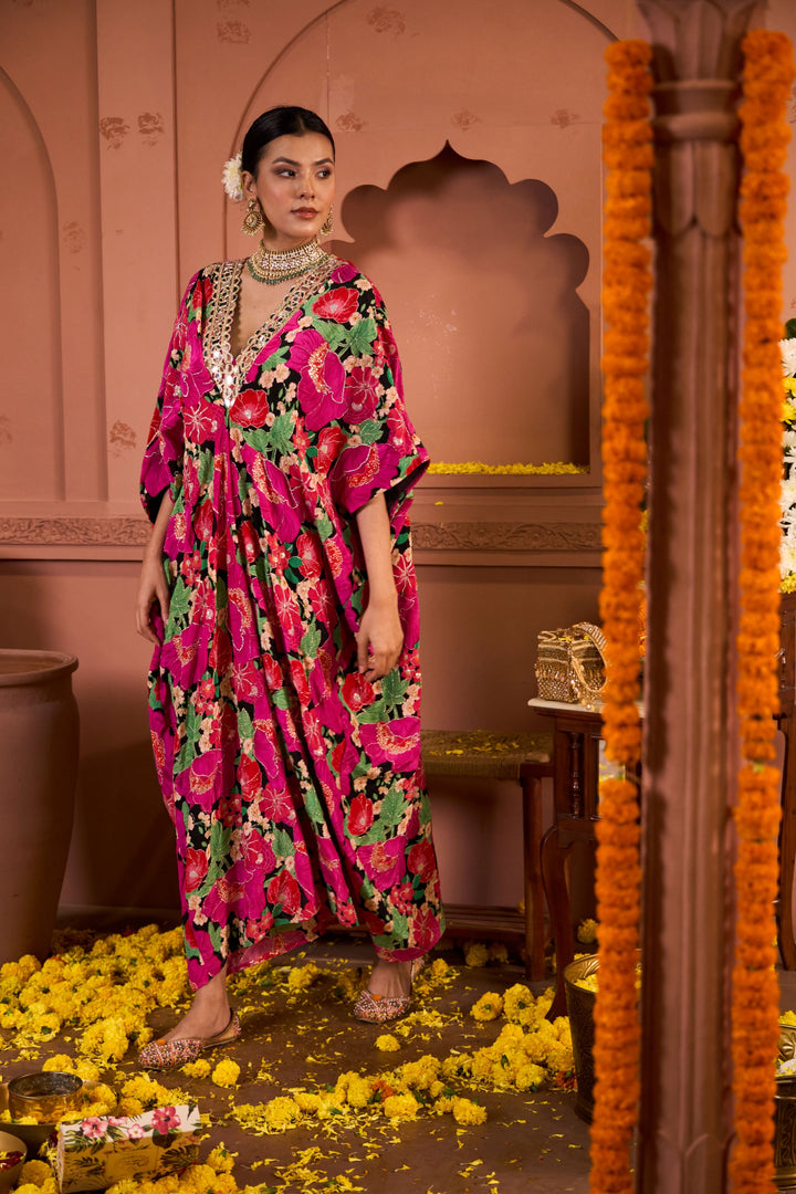 Rose Embroidered Kaftan - Fuschia and Black