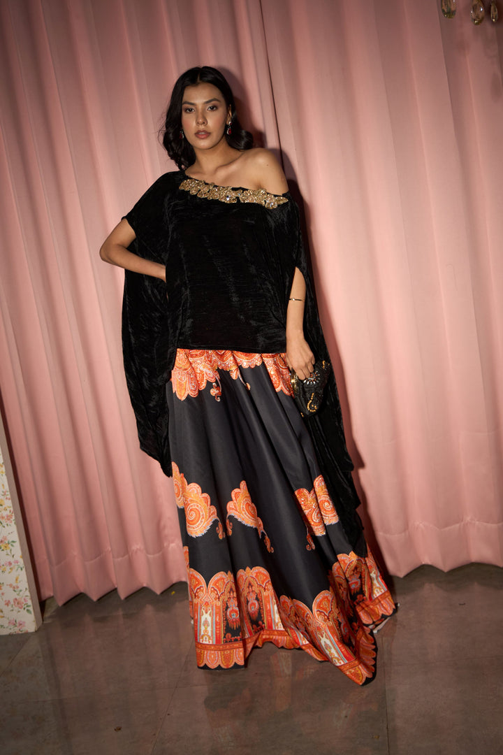 Digital Printed Ghagra with Embellished Blouse - Orange Black