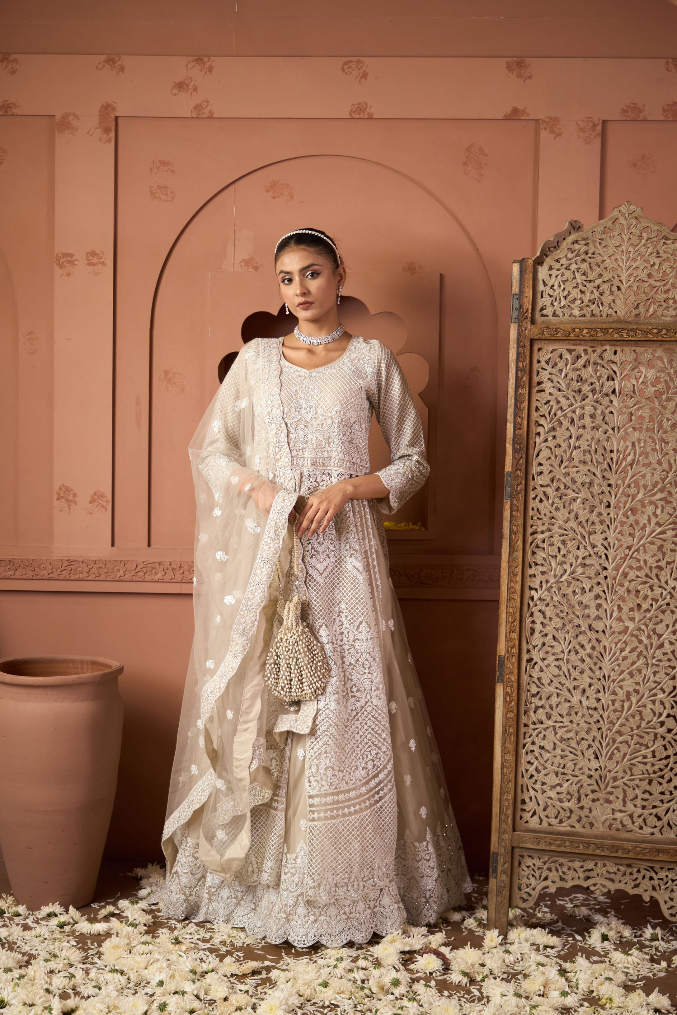 Inaaya Embroidered Long Jacket With Ghaghra - Nude