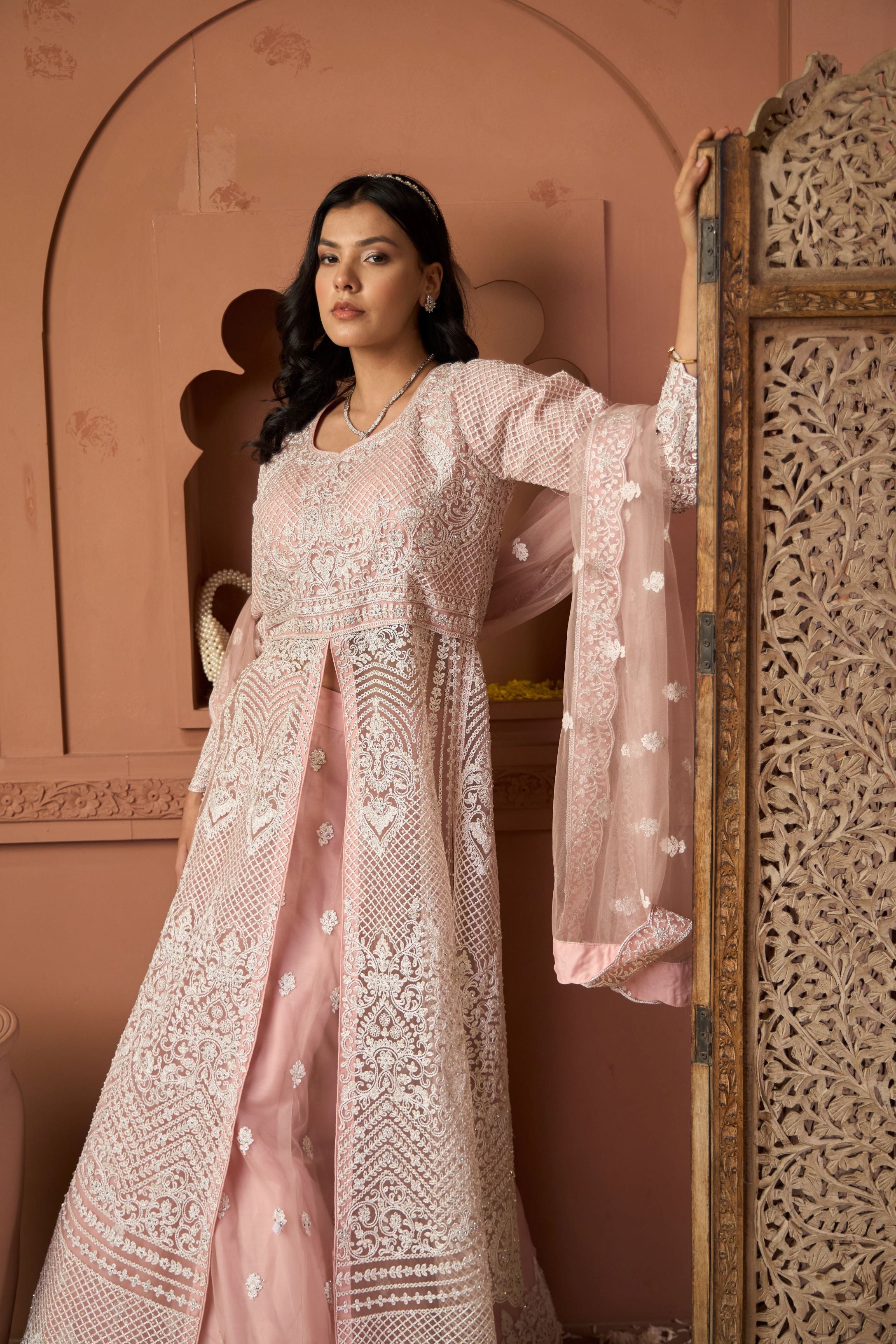 Inaaya Embroidered Long Jacket With Ghaghra - Soft Pink