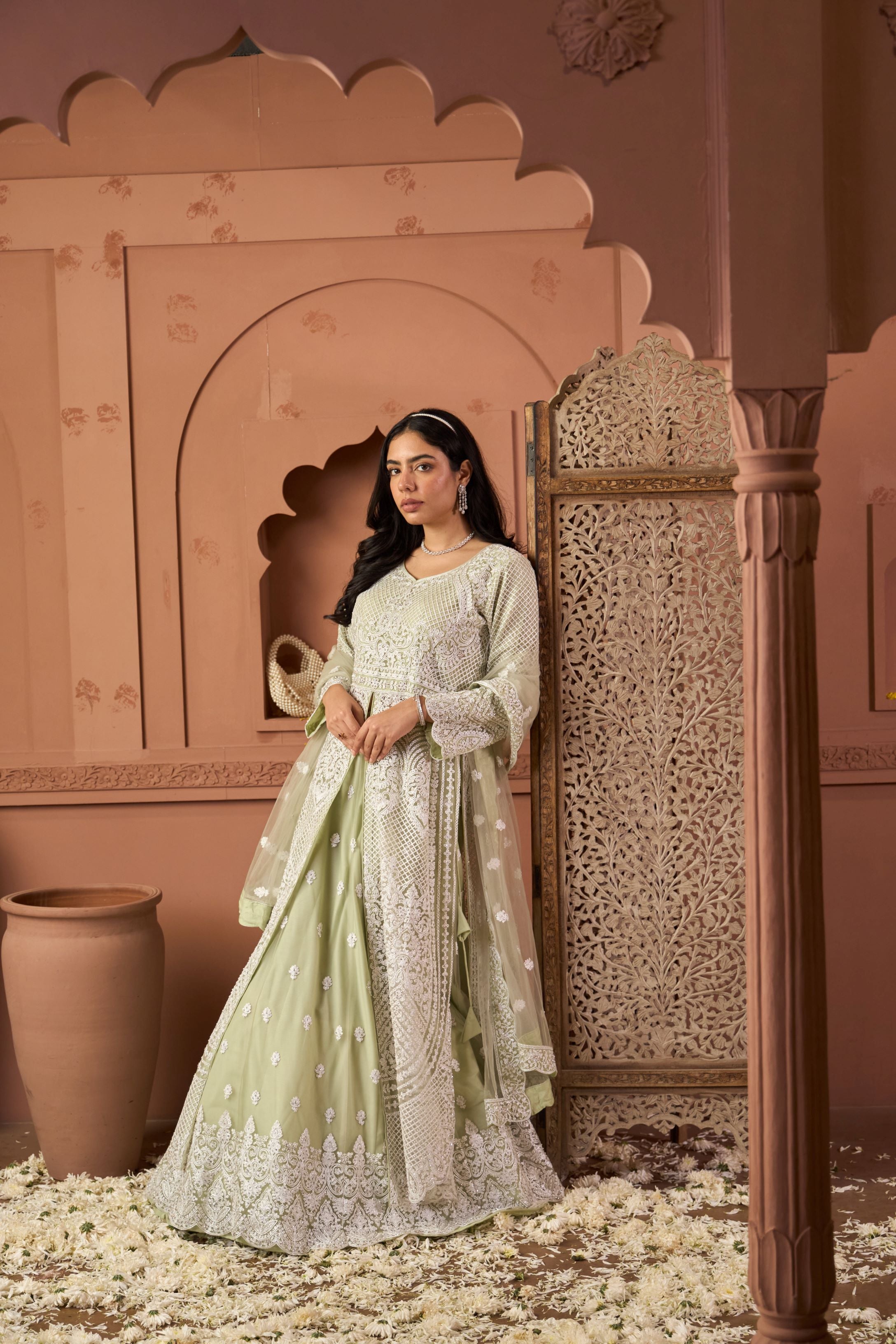 Inaaya Embroidered Long Jacket With Ghaghra - Sage Green