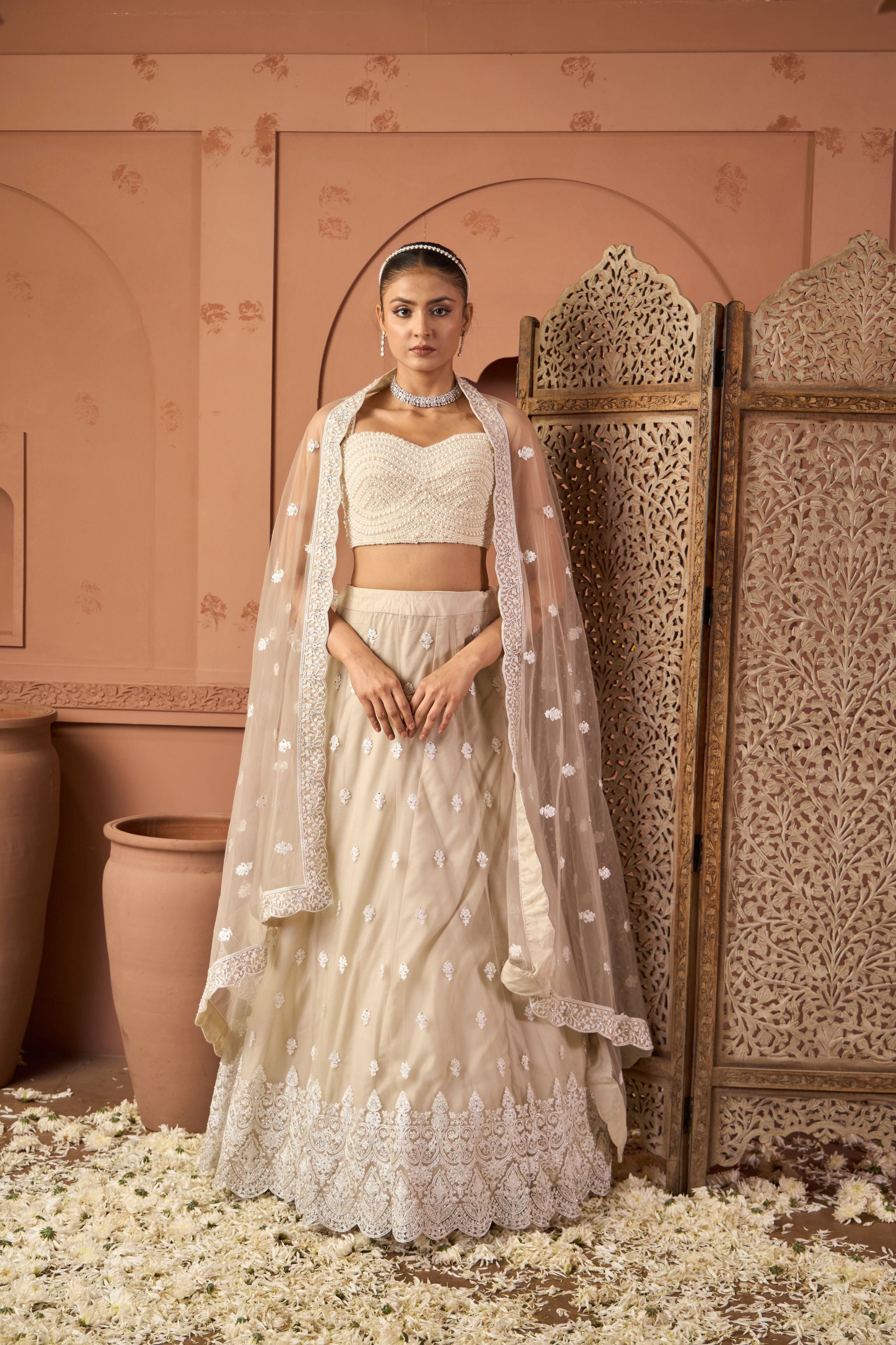 Inaaya Embroidered Ghaghra With Pearl Blouse And Chunni - Nude