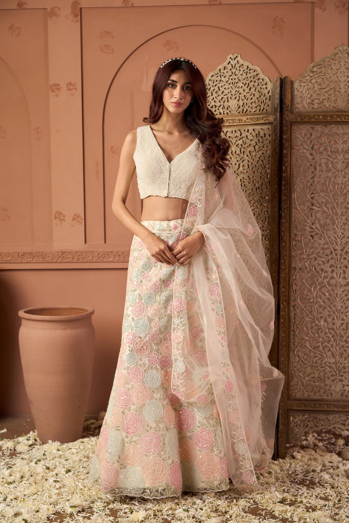 Saira Floral Embroidered Ghaghra with Pearl Blouse And Chunni - Pastels