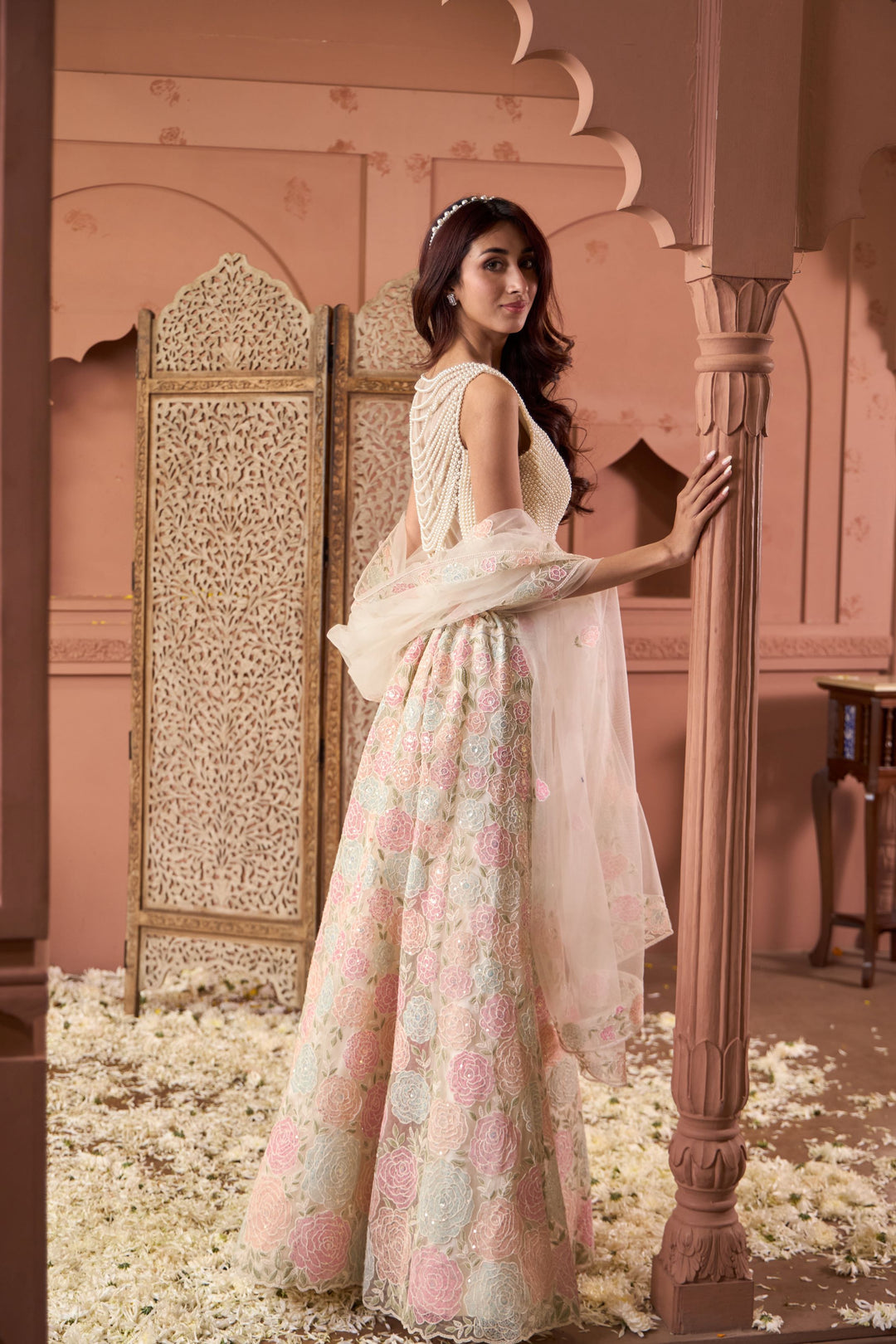 Saira Floral Embroidered Ghaghra with Pearl Blouse And Chunni - Pastels