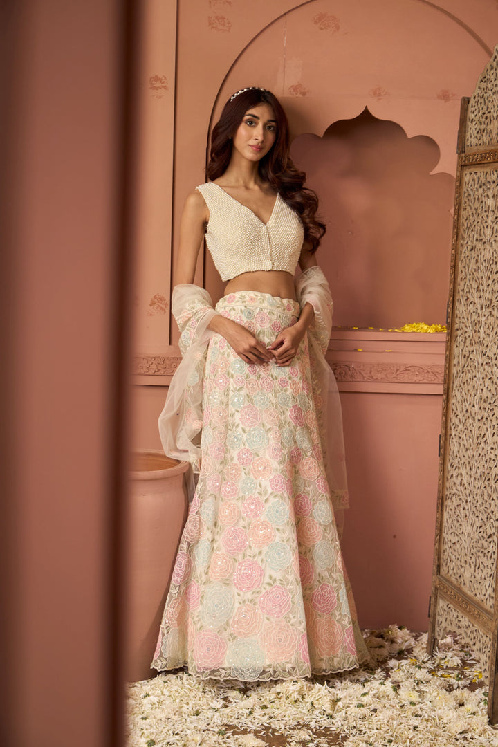 Saira Floral Embroidered Ghaghra with Pearl Blouse And Chunni - Pastels