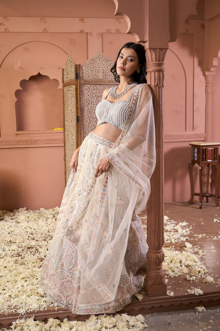 Saira Embroidered Ghaghra with Pearl Blouse And Chunni - Pastels