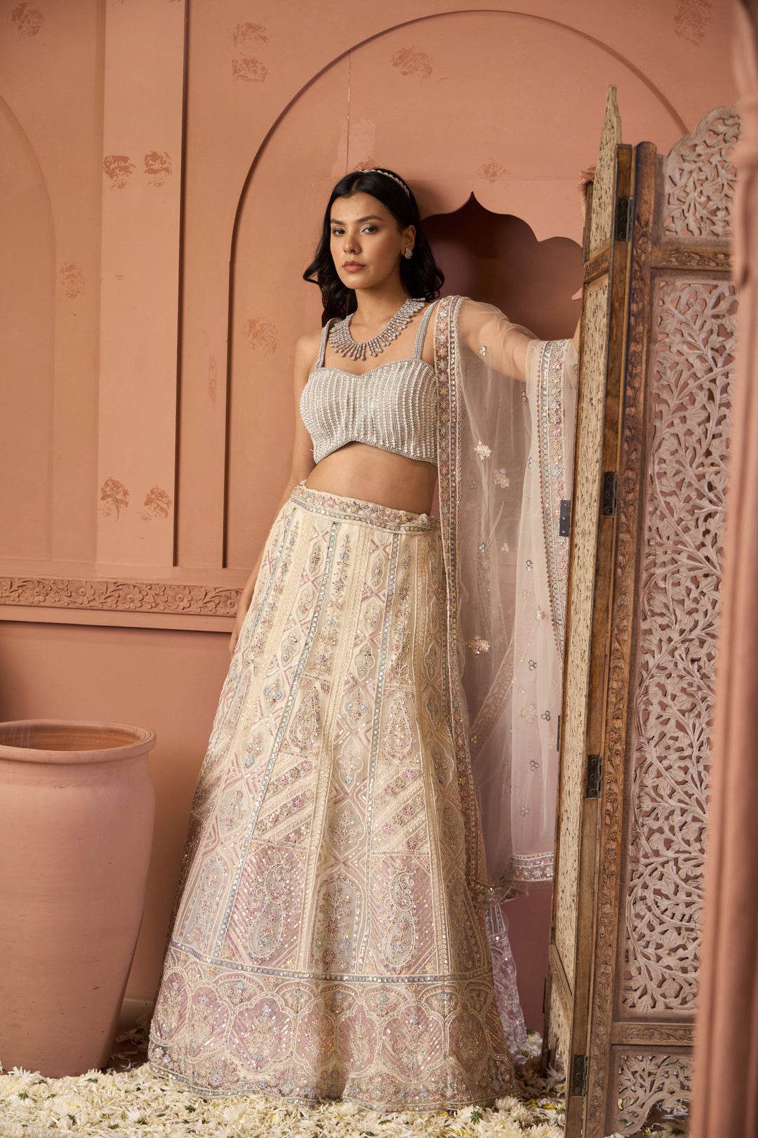 Saira Embroidered Ghaghra with Pearl Blouse And Chunni - Pastels