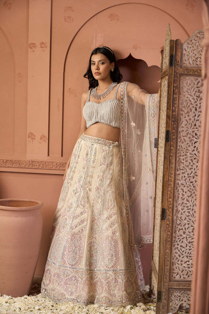 Saira Embroidered Ghaghra with Pearl Blouse And Chunni - Pastels