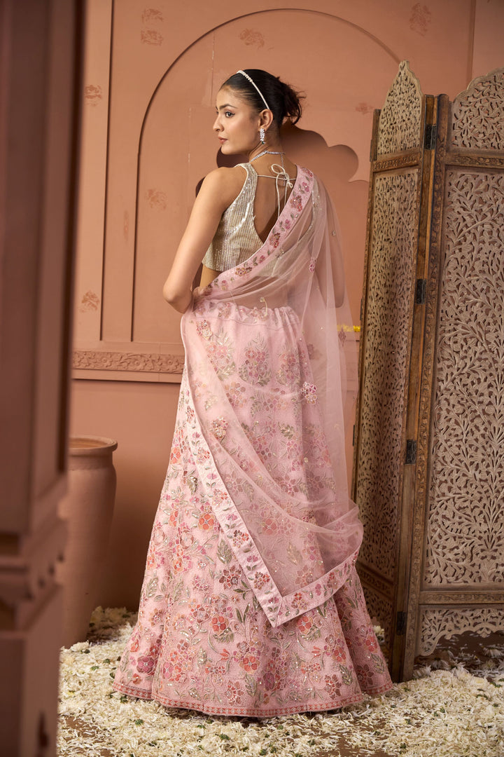 Saira Floral Embroidered Ghaghra with Sequence Blouse And Chunni - Rose Pink