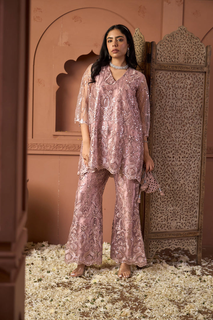 Seraphic Sequins Tunic Co-ordinated with Flared Sequins Pants- Onion Pink