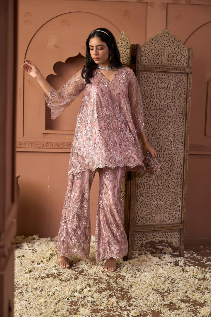 Seraphic Sequins Tunic Co-ordinated with Flared Sequins Pants- Onion Pink