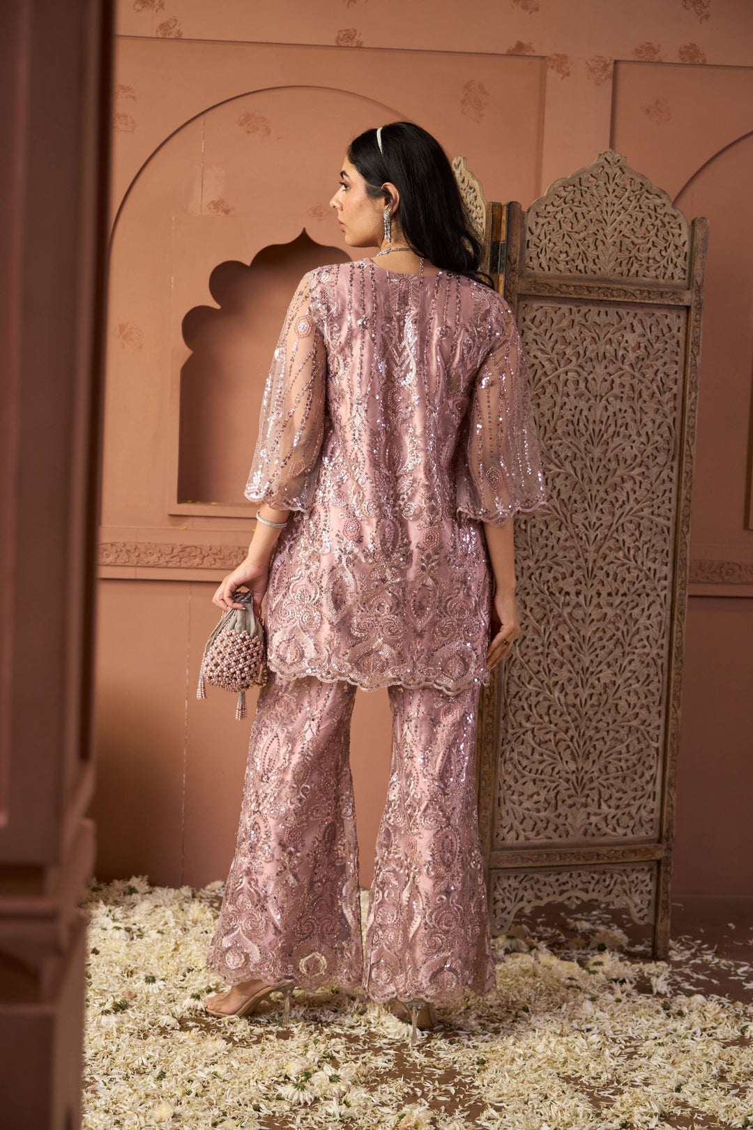 Seraphic Sequins Tunic Co-ordinated with Flared Sequins Pants- Onion Pink