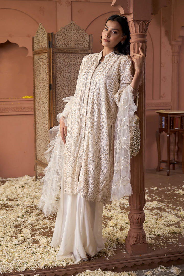 Seraphic Sequins Tunic Co-ordinated with Flared Skirt - Ivory Nude