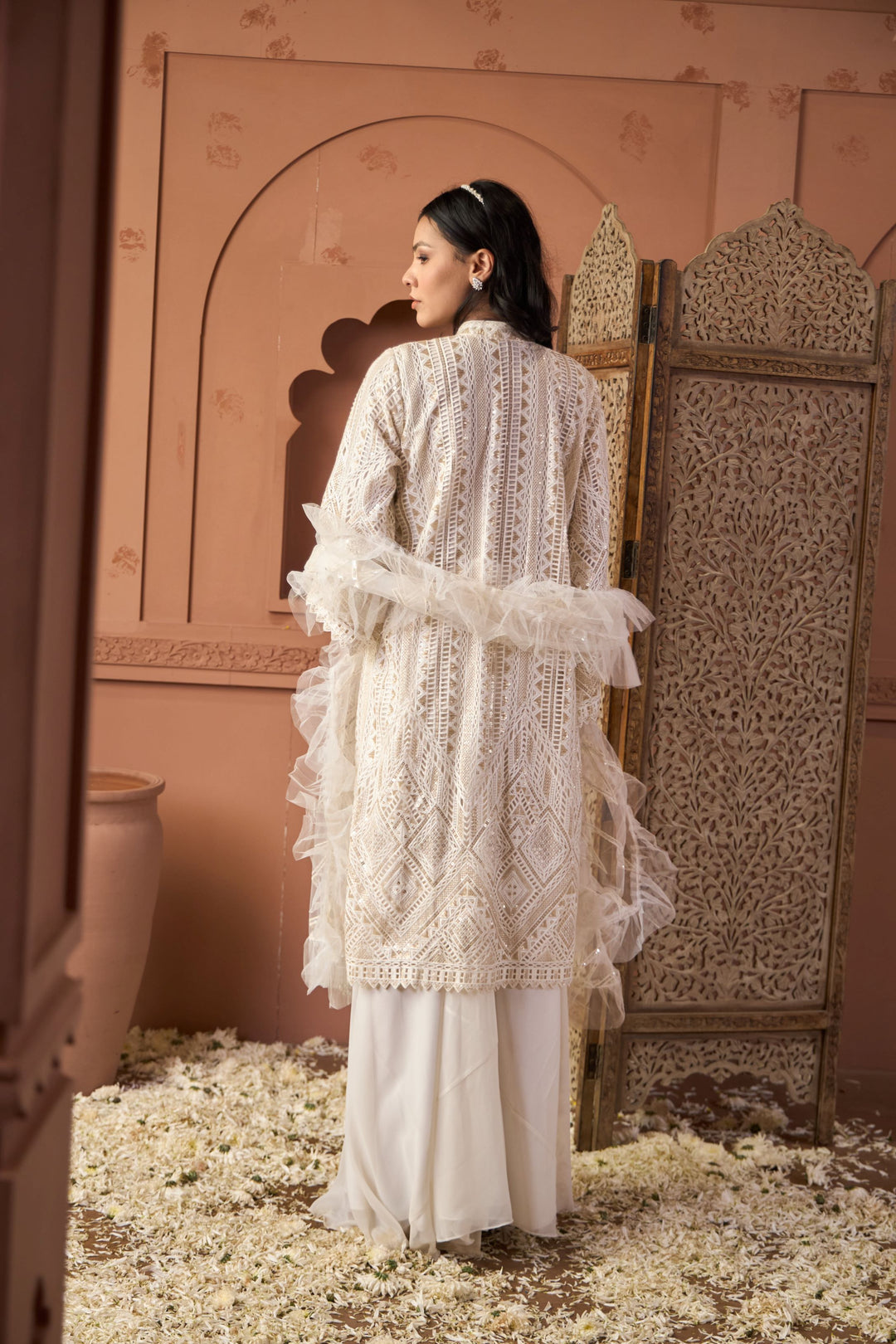 Seraphic Sequins Tunic Co-ordinated with Flared Skirt - Ivory Nude