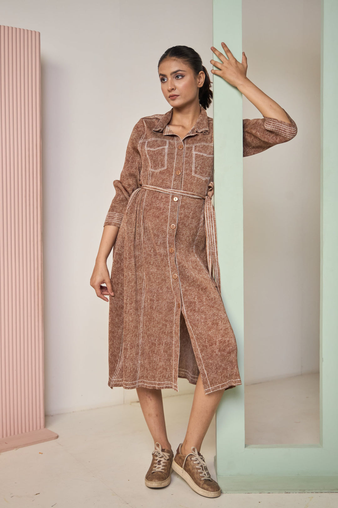 Daryl Denim Plisse Shirt Dress-Stone Wash