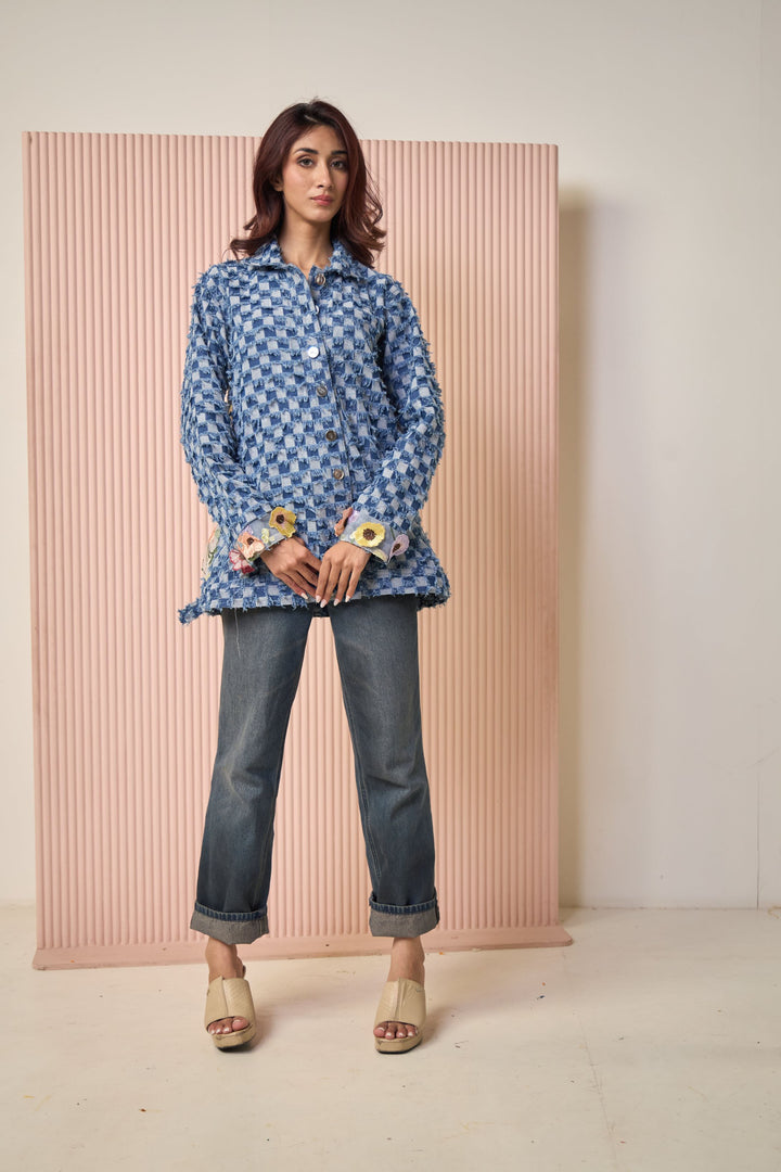 Mitali Wadhawa Denim Jacket with Floral Applique - Blue