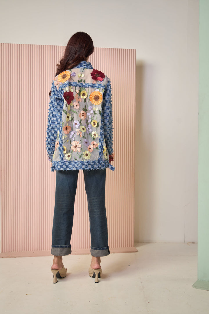 Mitali Wadhawa Denim Jacket with Floral Applique - Blue