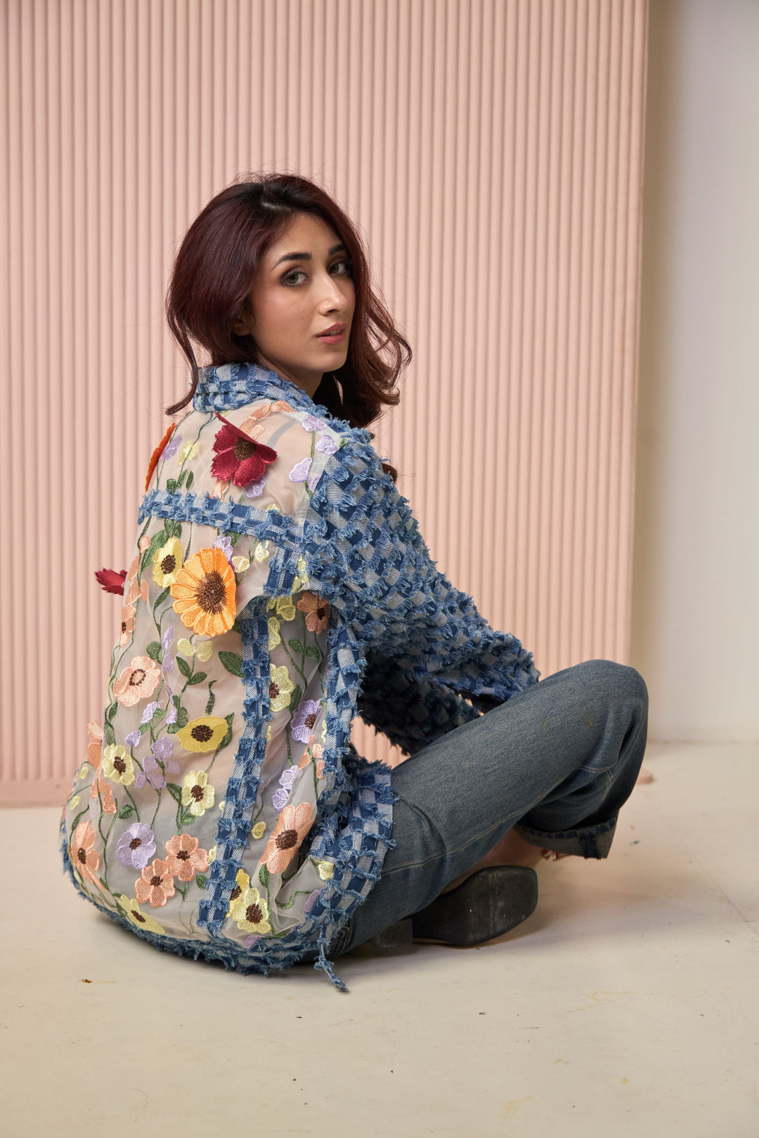 Mitali Wadhawa Denim Jacket with Floral Applique - Blue