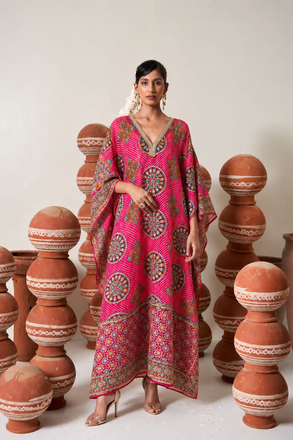 Elizey Bandhani Kaftan - Fuschia