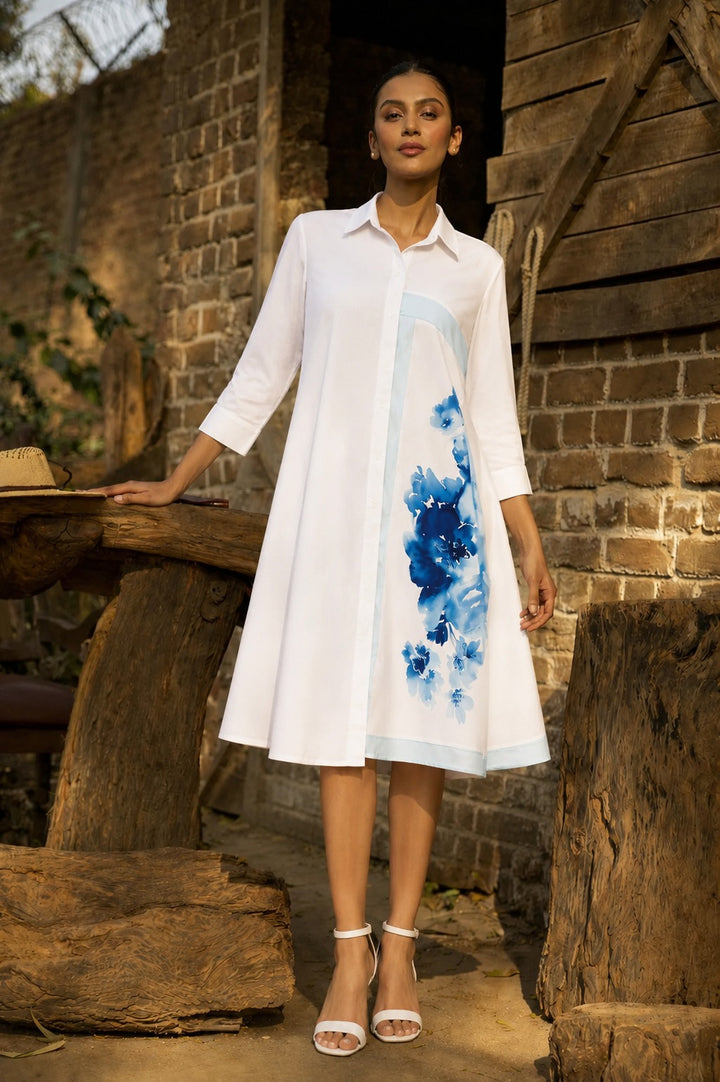DANDELION FLORAL SHIRT DRESS- WHITE