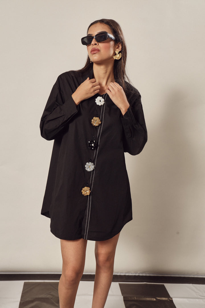 Beatrix Bejeweled Button Me Up Shirt Dress - Black