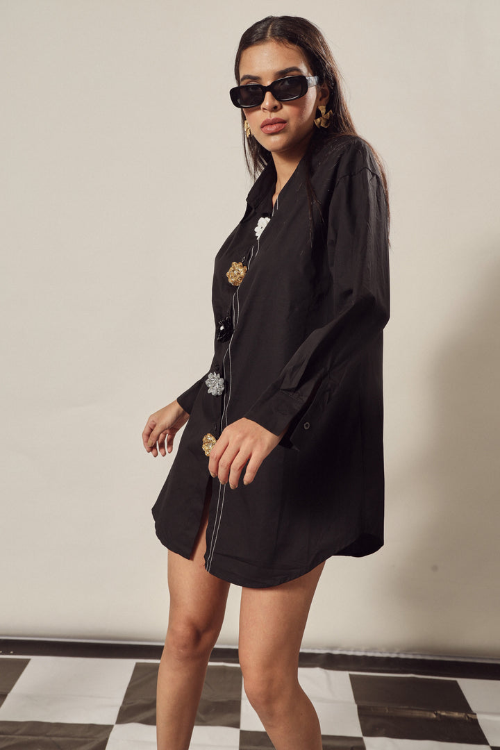 Beatrix Bejeweled Button Me Up Shirt Dress - Black