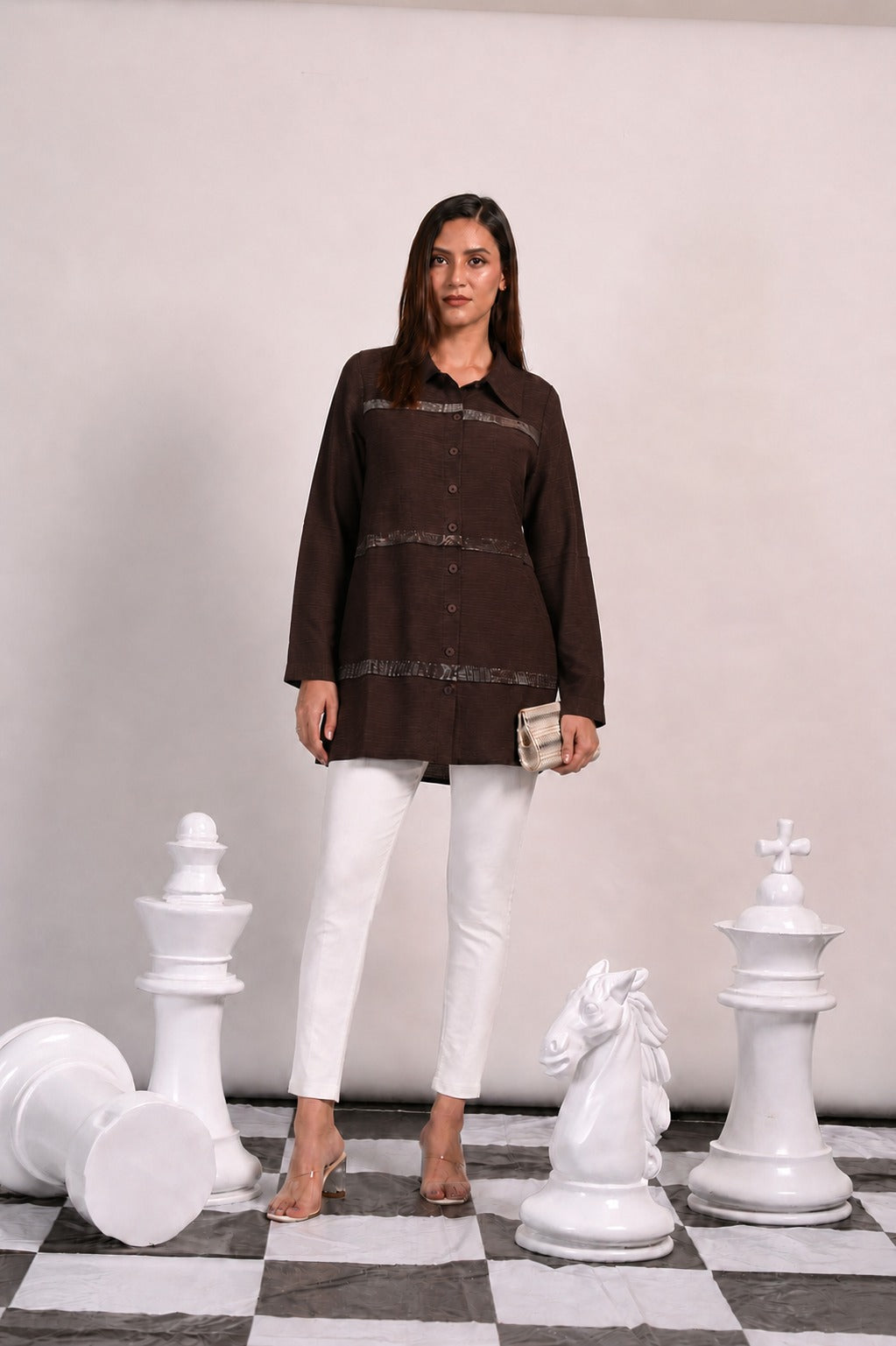 PURFLE PERIPHERY BUTTON UP SHIRT - BROWN