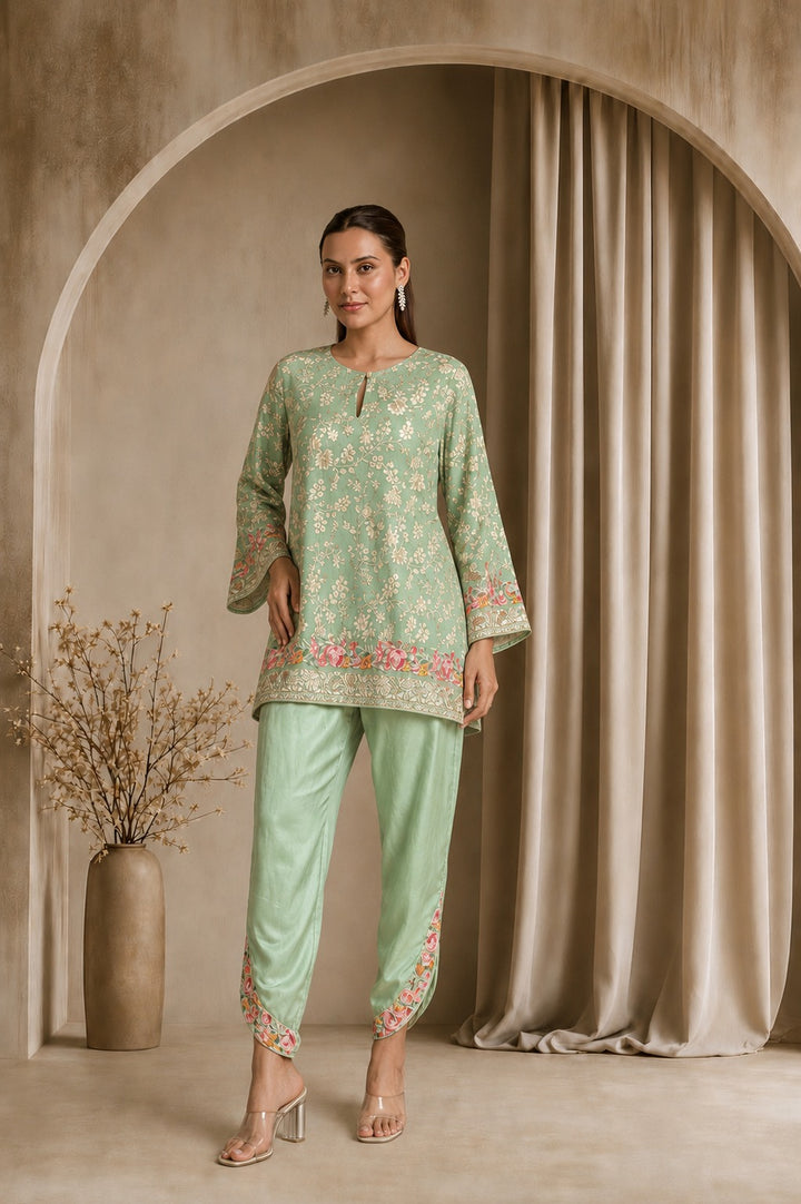 Reyna Gara Rose Dust Kurta with Tulip Pant - Sage Green