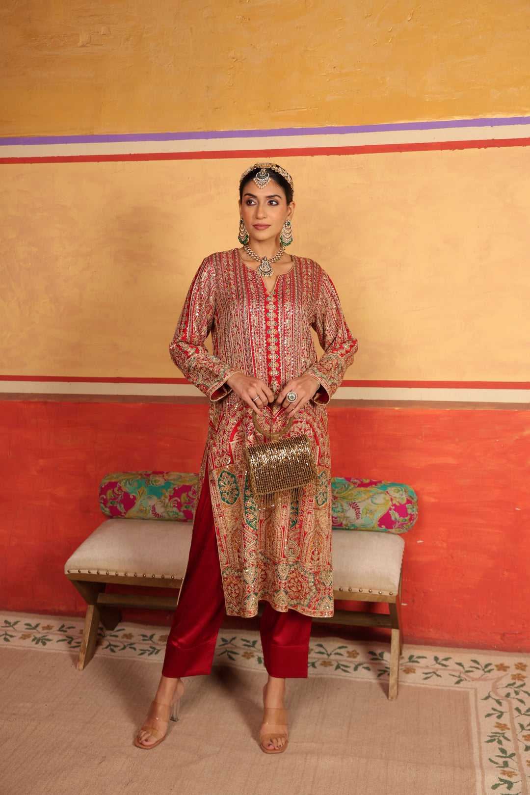 Elizey Paisley Kurta Set with Plain Pant - Red